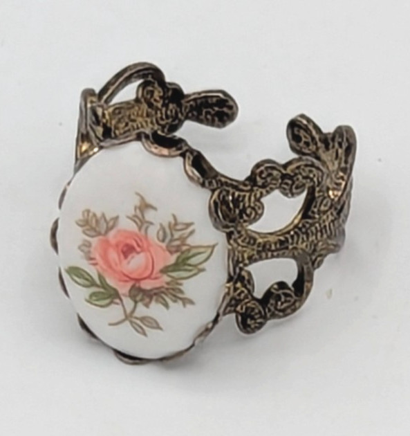 Pink Rose Filigree Ring Porcelain Antiqued Brass Romantic Shabby Chic Floral 7.5