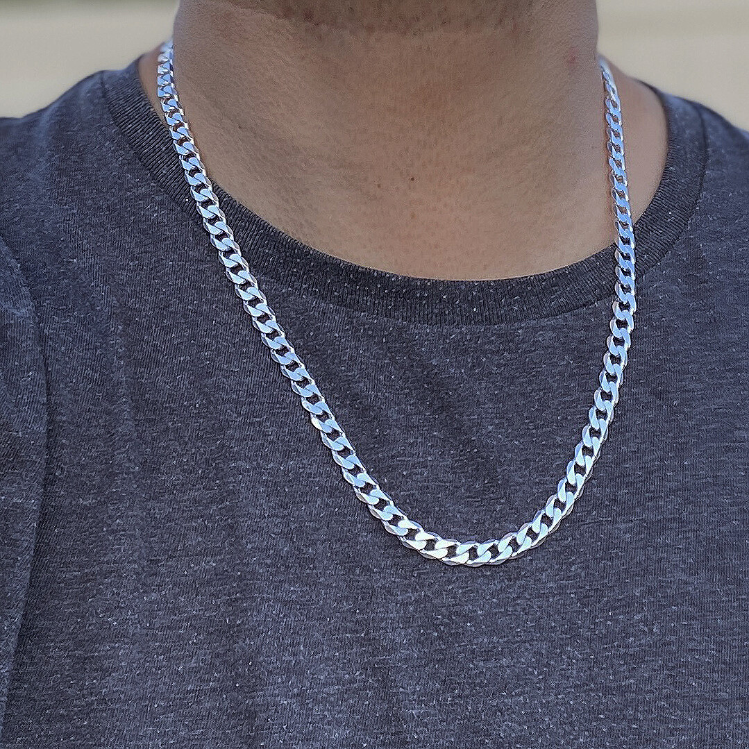 Mens Italy 925 Sterling Silver Flat Cuban Link Hip Hop Chain Necklace 7MM 18-24″