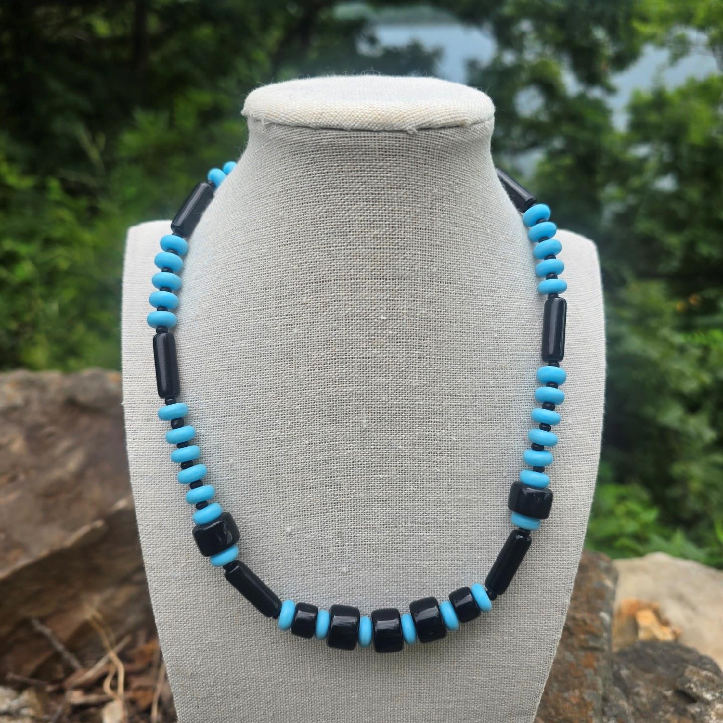 Vintage German Glass Bead Necklace Black & Blue Mid Century Old Stock 18.5 in