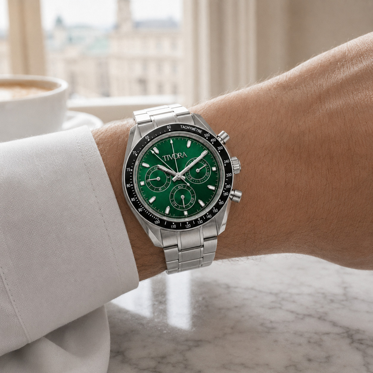 TÍVORÁ Veyron Argent Steel Irish Emerald Dial – Custom Branded Automatic Chronog