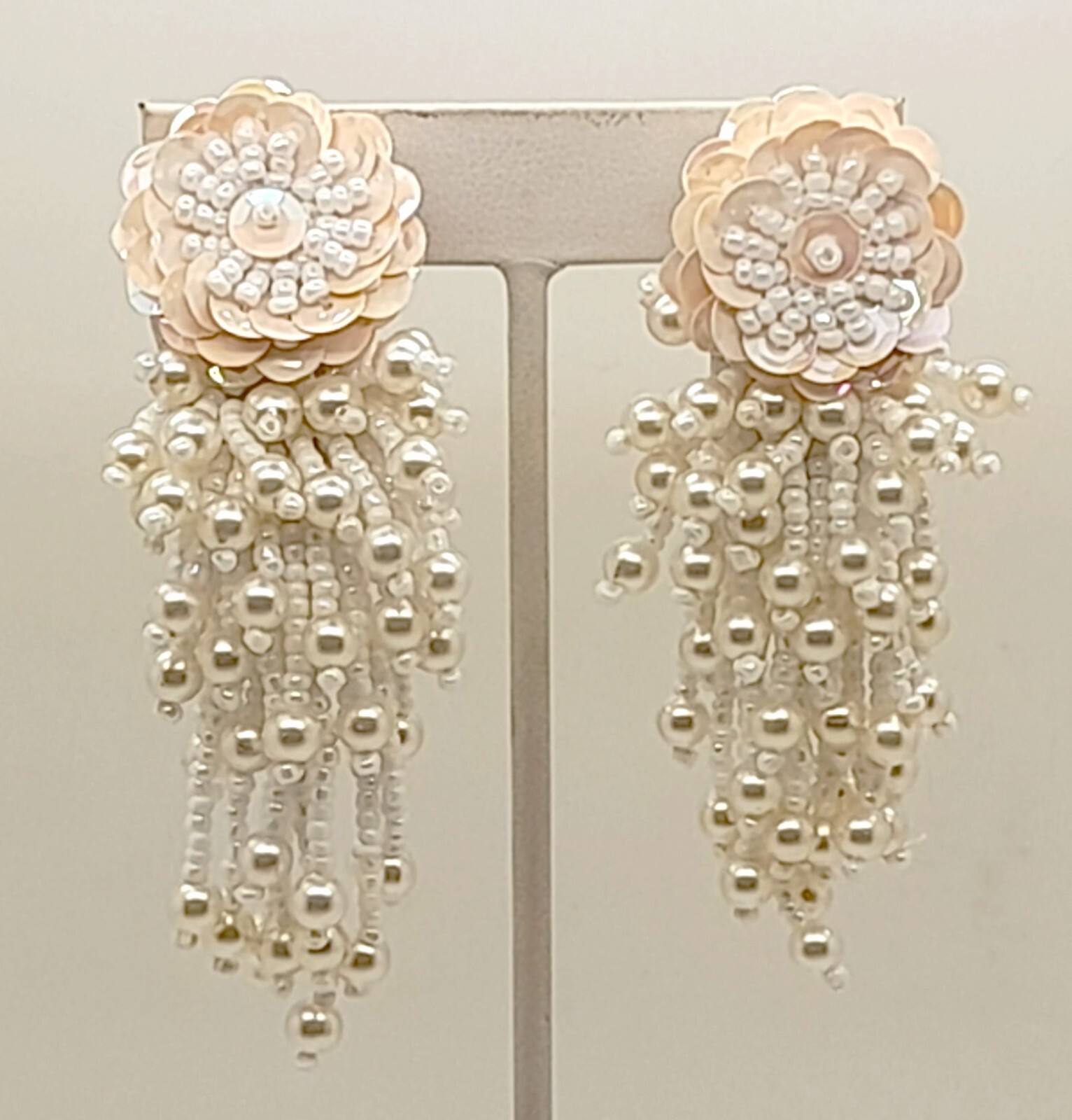 Vintage Handmade cream seed beaded sequins clip on drop/Dangle fashion earrings