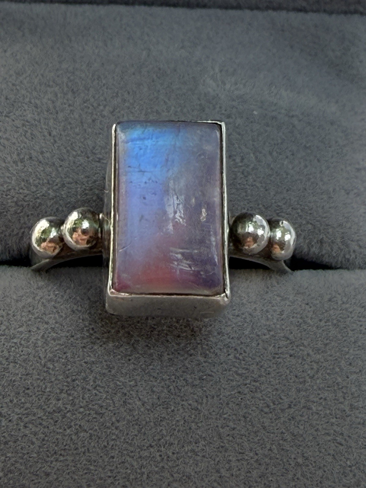 925 Sterling Silver Rainbow Moonstone Style Ring Size 7.5 Rectangular Cabochon