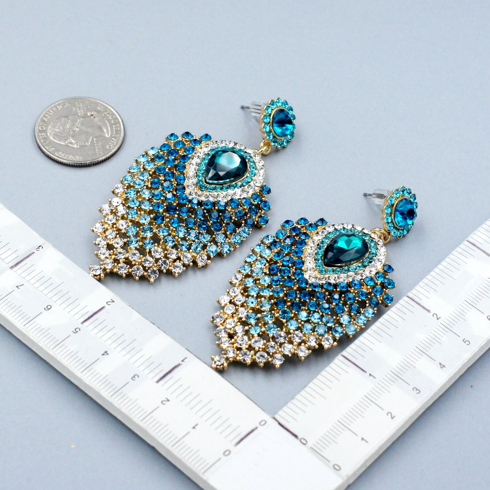 Women Gold Plated Aqua Blue Crystal Peacock Feathers Drop Dangle Earrings 04677
