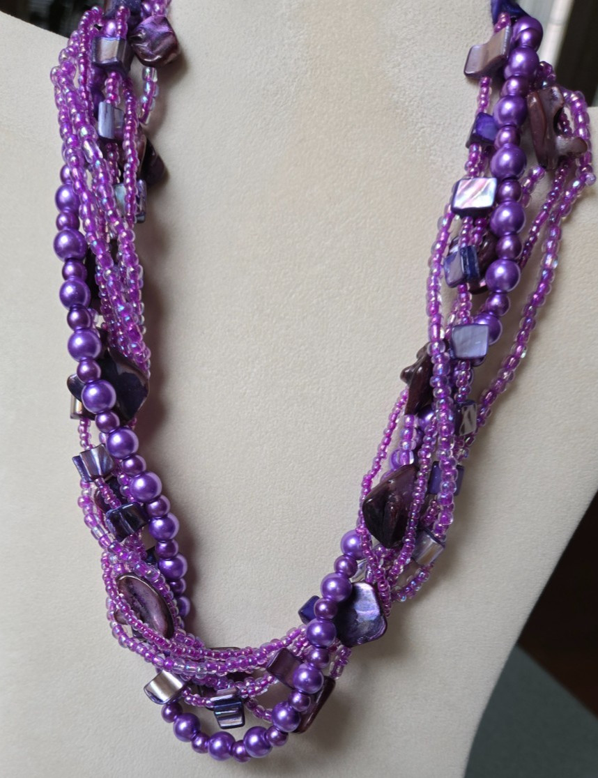 Purple Mixed Media 7-Strand Shell, Pearl and Bead Necklace 19.5 Inches