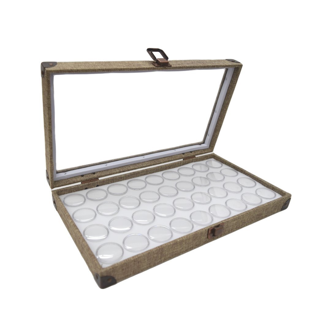 Novel Box Glass Top Burlap Clasp Jewelry Gem Display Case With Gem Jar Insert