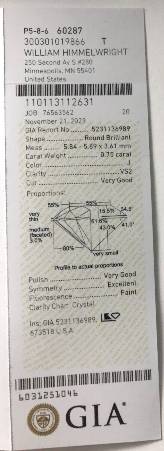 .75 Carat Billiant Round Diamond. GIA J Color. VS2 Clarity. Very Good Cut.
