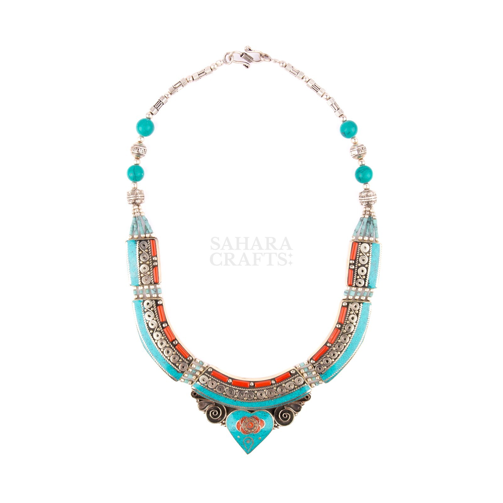 Antique Tibetan Necklace Turquoise Coral Choker, Handmade Tribal Statement