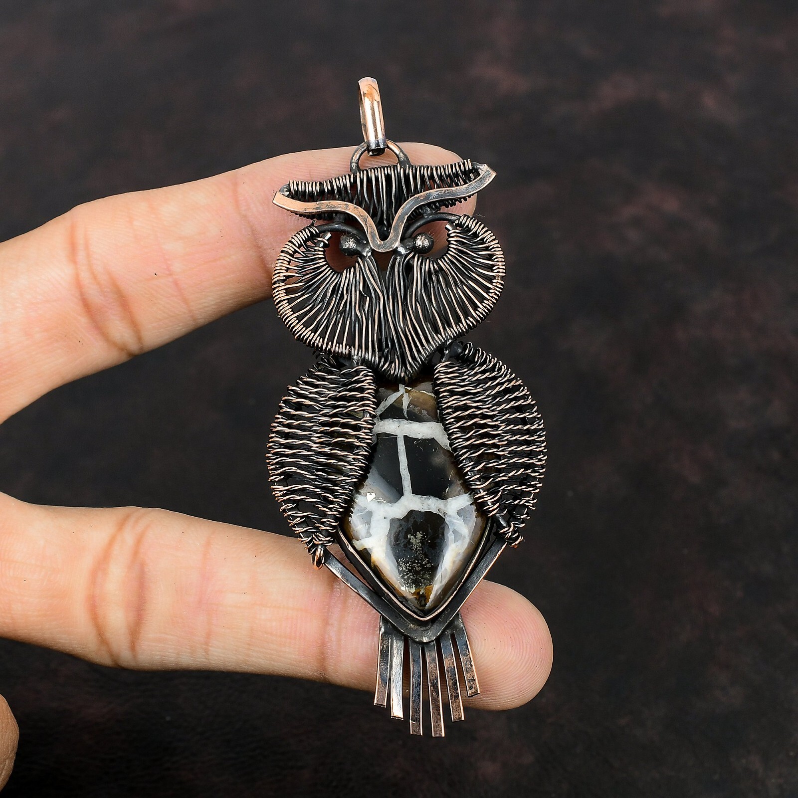 Moroccan Mud Crack Fossil Copper Mother Gift Wire Wrapped Owl Pendant 3.62″