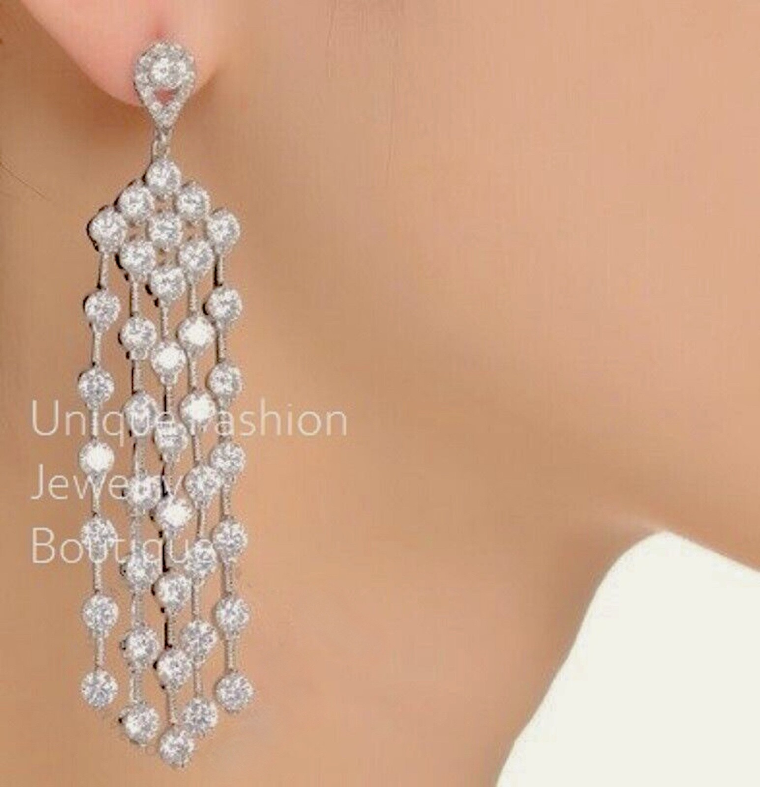 18k White Gold Filled Long Chandelier Earrings made w Swarovski Crystal Stone