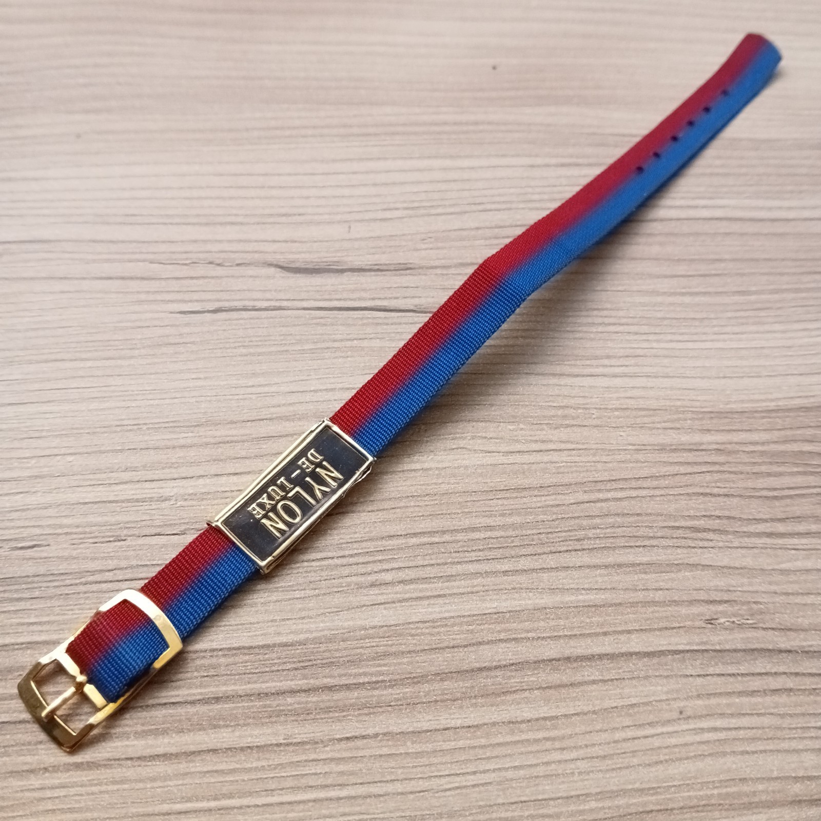 Vintage Nylon 10mm One Piece Watch Strap Red Blue Gold Buckle