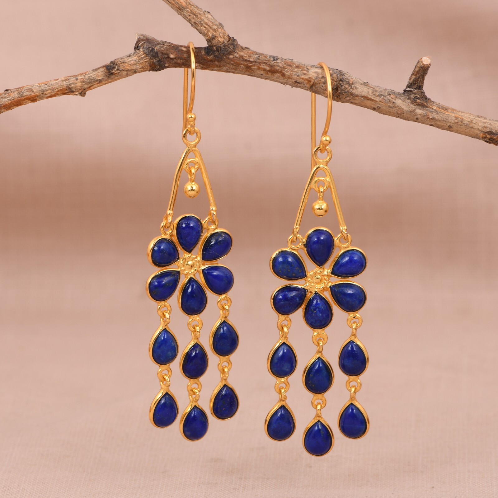 Artisan Fringe Drop Gold Plated Women’s Earrings Lapis Lazuli For Birthday Gift