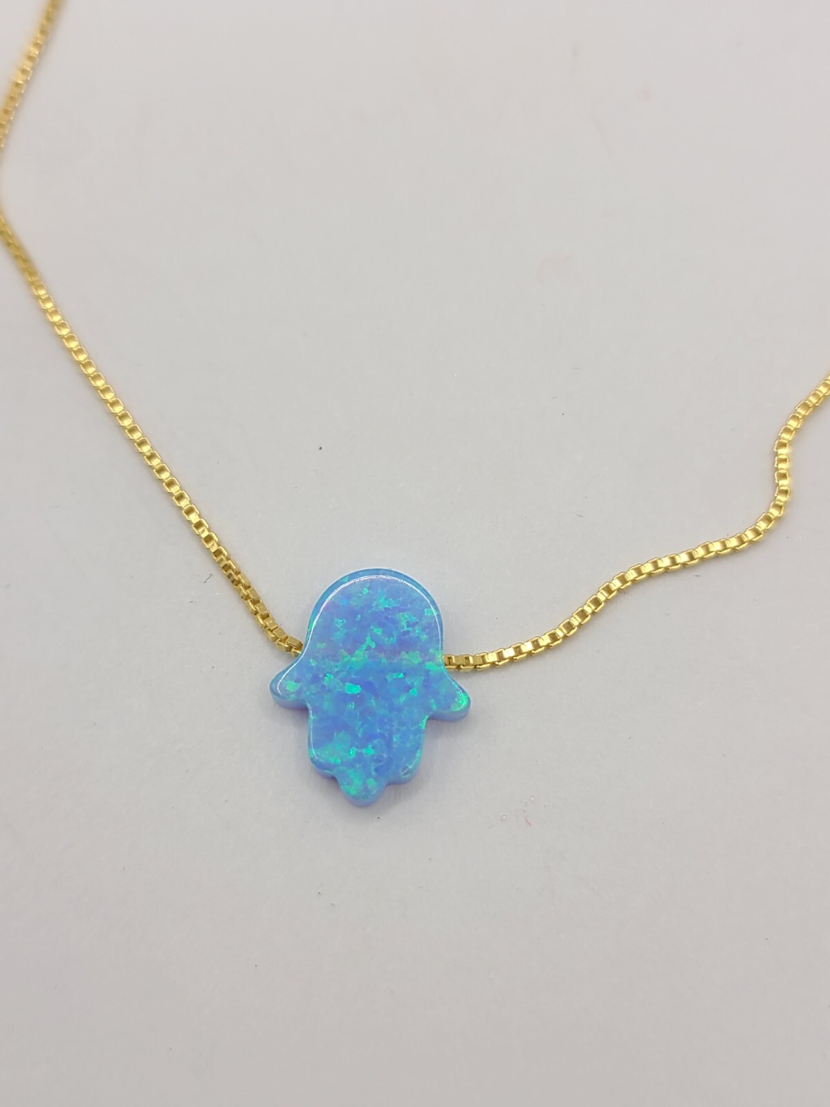 14k Gold Plated over Brass Opal Hamsa Hand Dainty Chain Necklace 16″