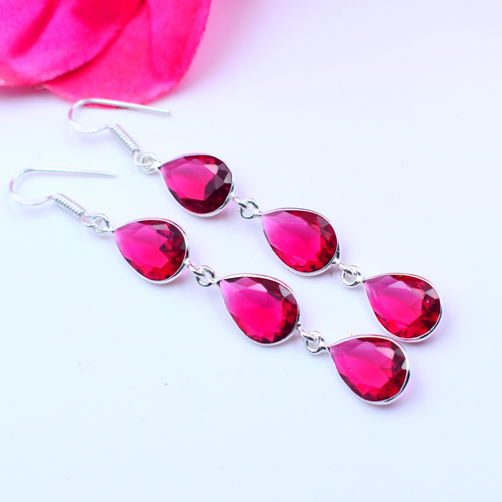 Pink Rubellite Gemstone Handmade 925 Sterling Silver Jewelry Earring Size-2.5″