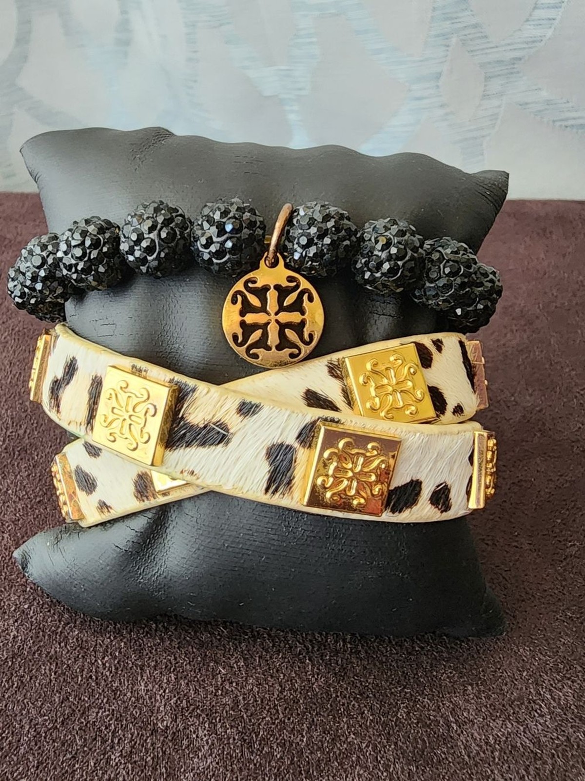 Rustic Cuff Black Beaded and Gold-Tone Leopard Print Bracelet Set