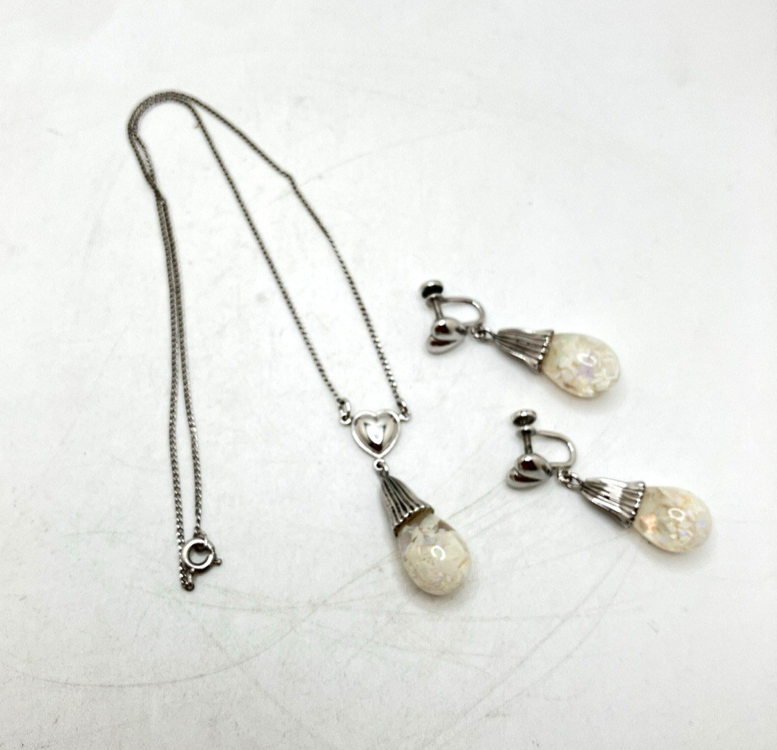 Silver-Toned Opal Flake Amco Earring & Necklace Set