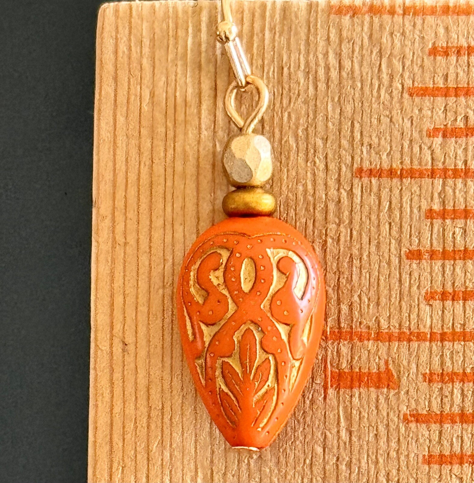 Vintage Etched Orange and Gold Earrings. Light Weight.