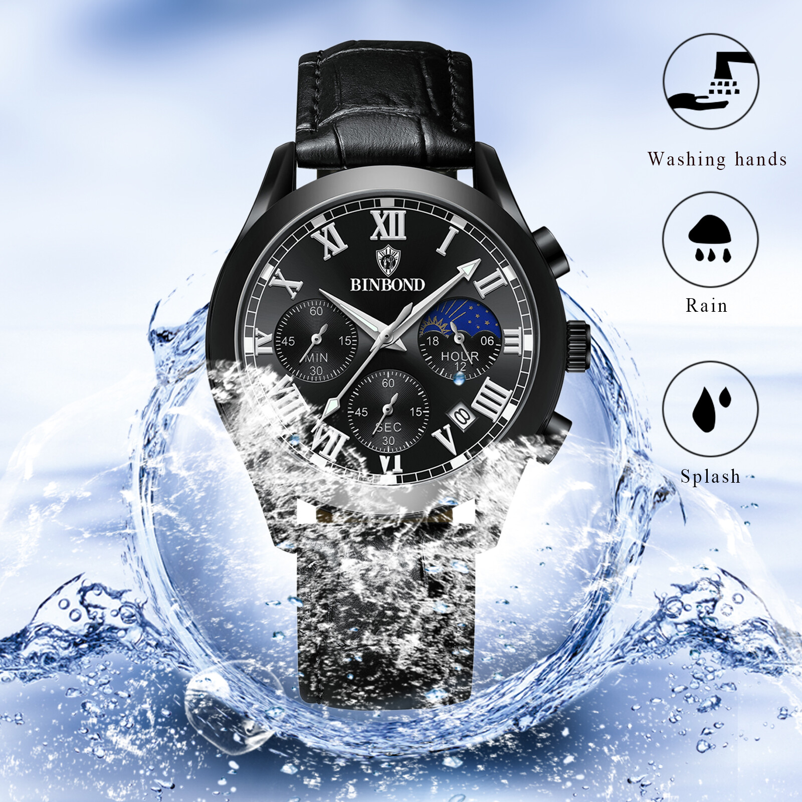 Men’s Waterproof Chronograph Dial Leather Band Causal Analog Quartz Date Watch