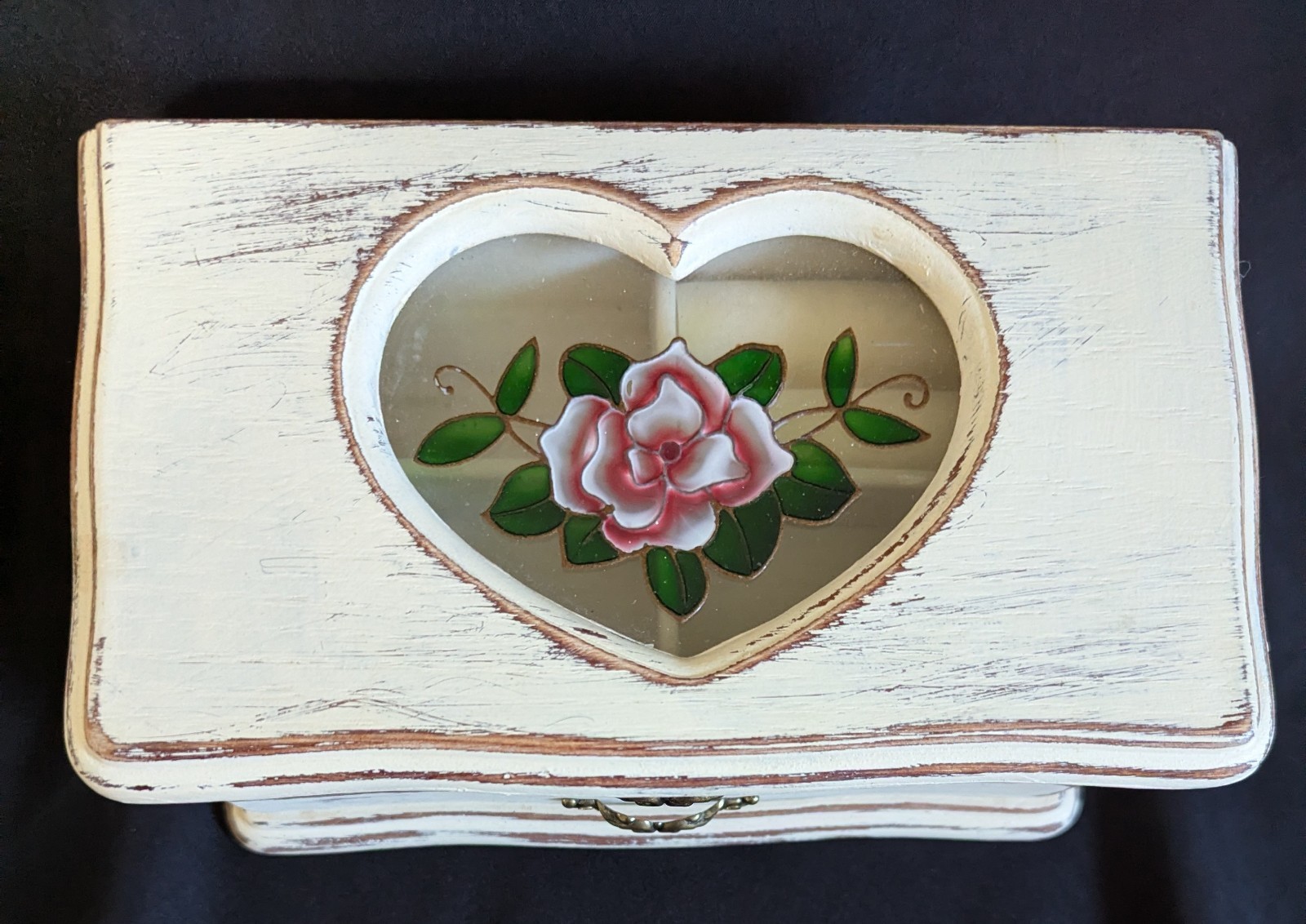 Vintage Shabby Distressed White Wooden Jewelry Box Table Top Rose Theme
