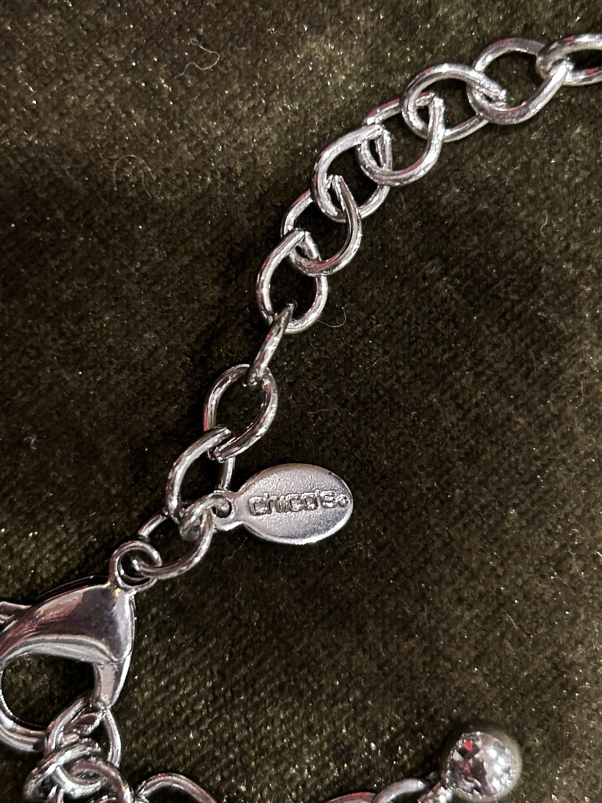 Chico’s Silver Tone Cable Chain Necklace Crystal Beads Adjustable Lobster