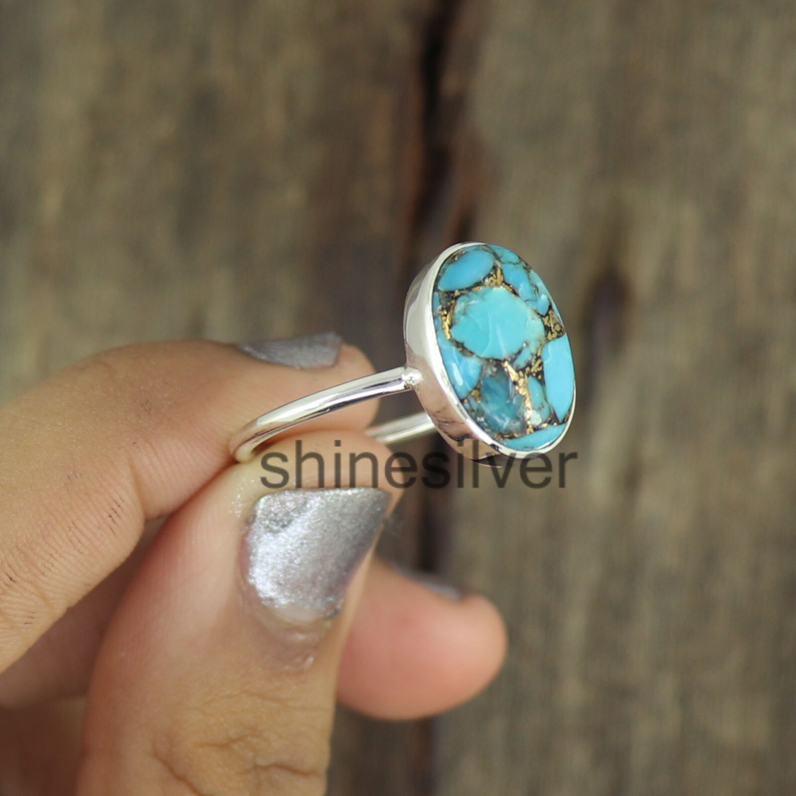Copper Turquoise Ring 925 Sterling Silver Boho Statement Handmade Girls Gift