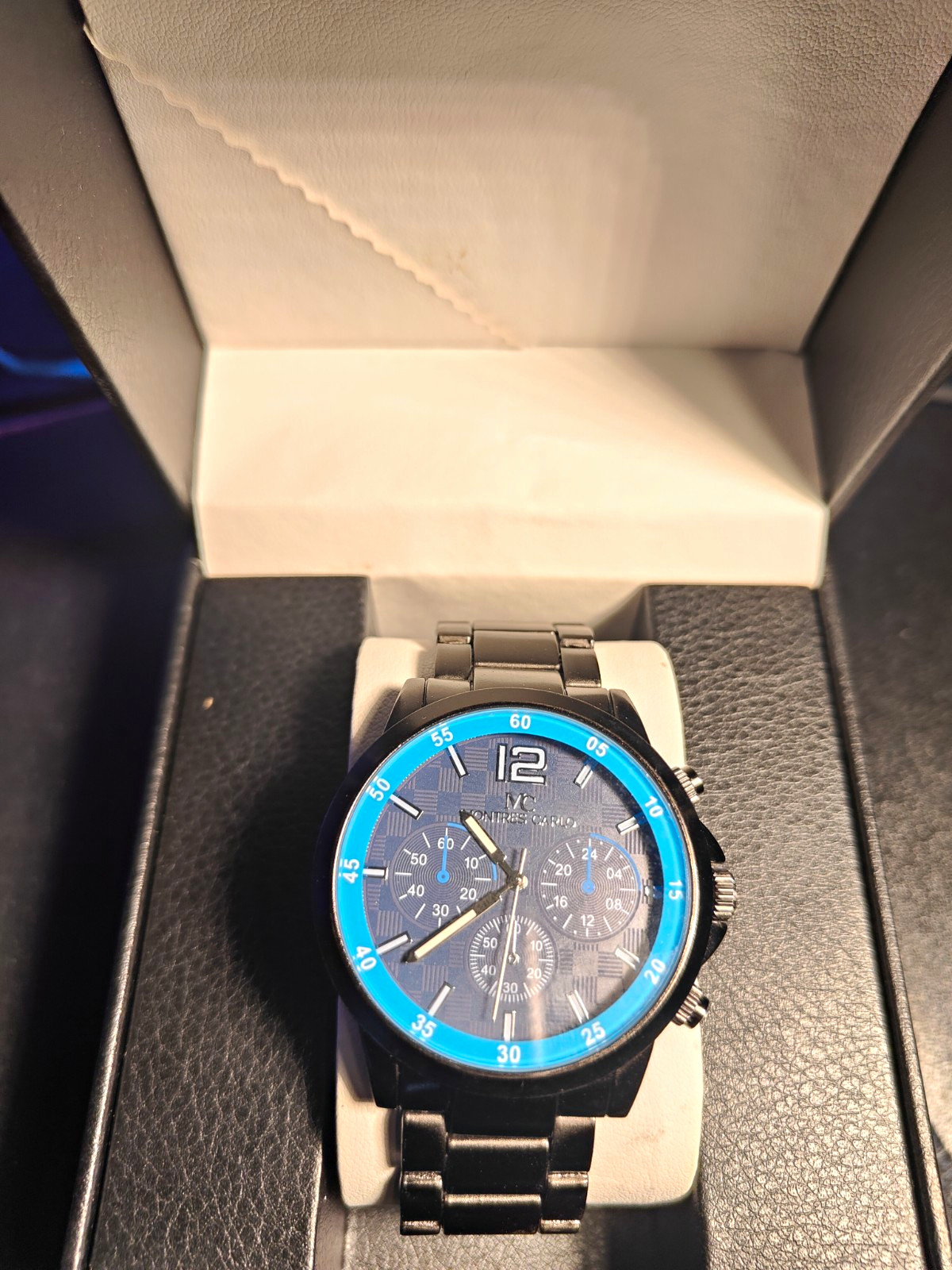 Montres Carlo Men’s Chronograph Quartz Watch Blue Dial Blue Bezel Black Bracelet