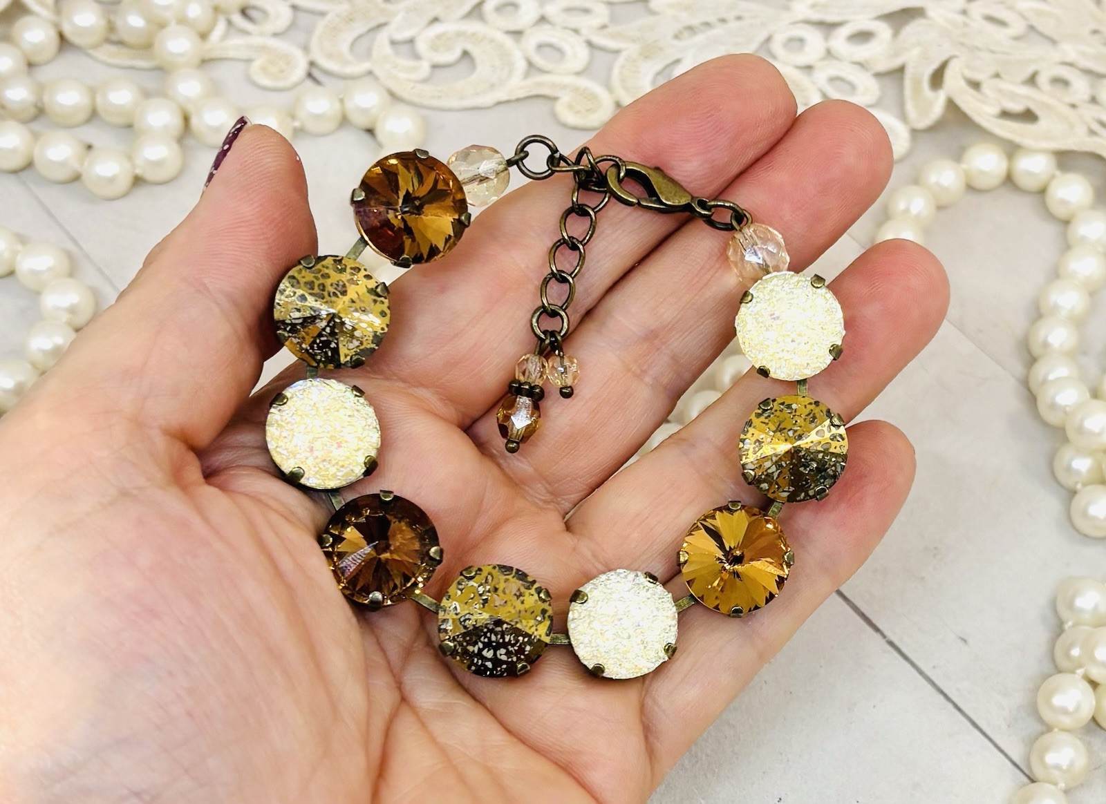Antique Brass Plated Chocolate Brown Gold Patina Cup Chain Statement Bracelet