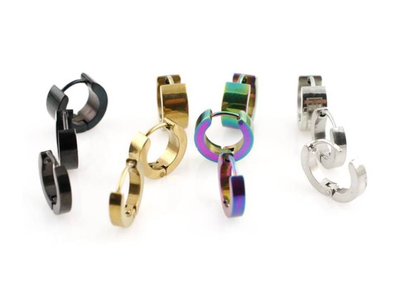 1 Pair Men Women Pierced Hoop Earrings Stainless Steel Silver Gold or Black