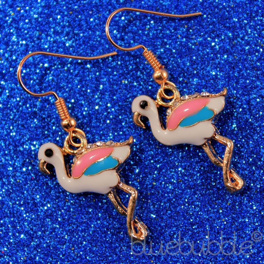 FUNKY HAWAIIAN FLAMINGO EARRINGS PINK PARADISE DIAMANTE BIRD KITSCH ANIMAL GIFT