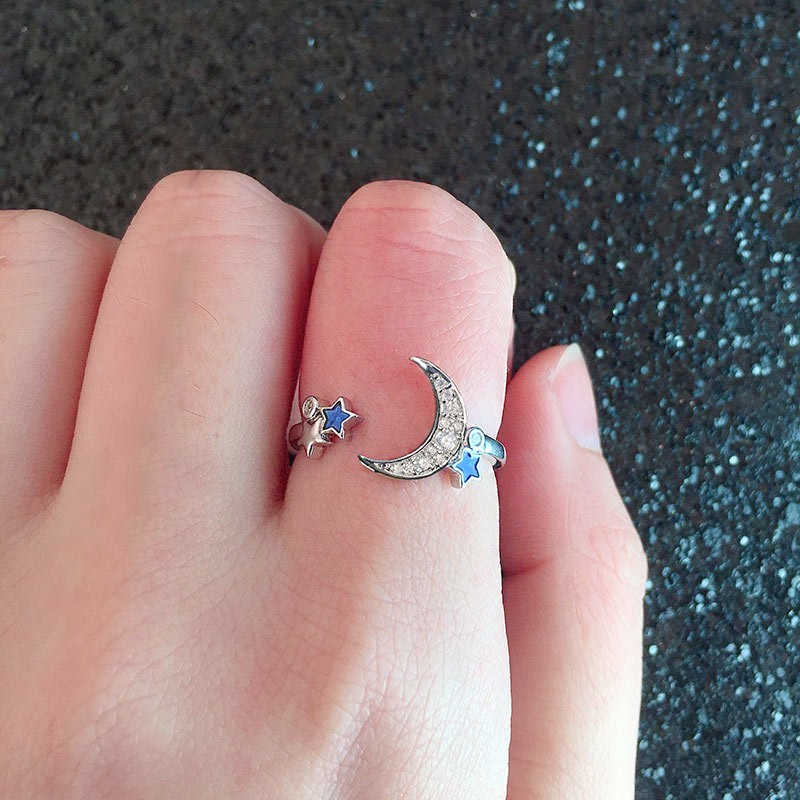 925 Sterling Silver Butterfly Bow Moon Star Zircon Adjustable Open Ring Women
