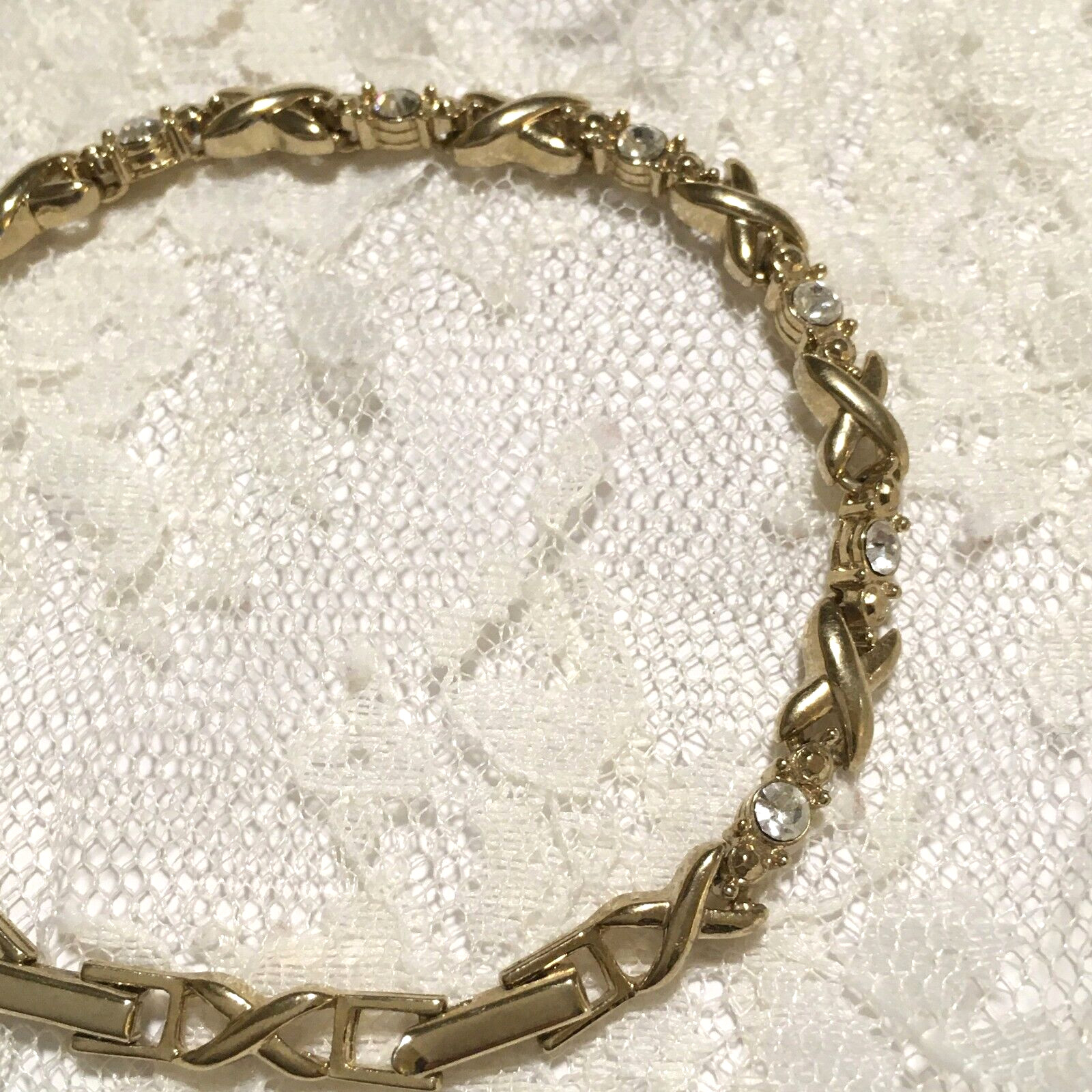 Vintage Chain Bracelet Gold tone X Link Avon Clear Rhinestones Fold over 8″