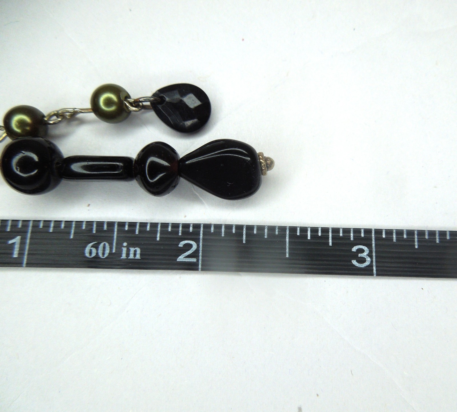 Black and Olive Green Bead Earrings Mixed Metal Handmade Goth Asymmetrical