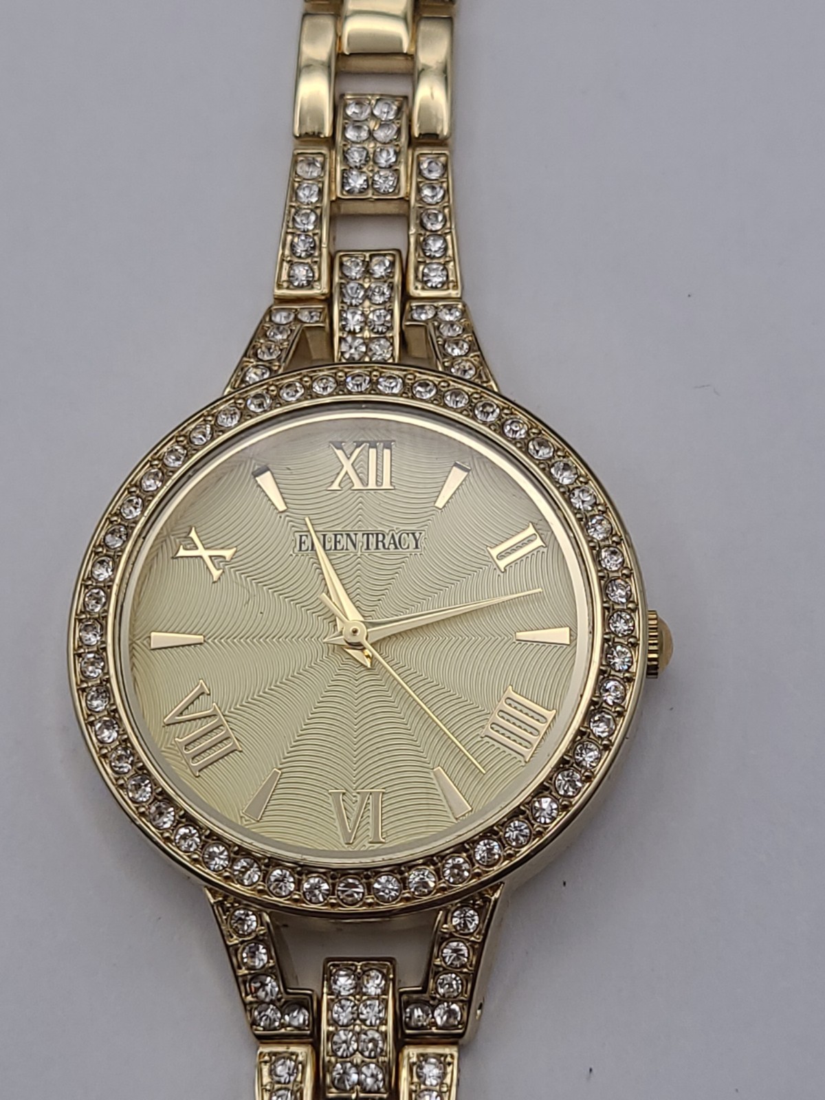 Ellen Tracy Women’s Gold Tone Crystal Bezel Quartz Bracelet Watch Working