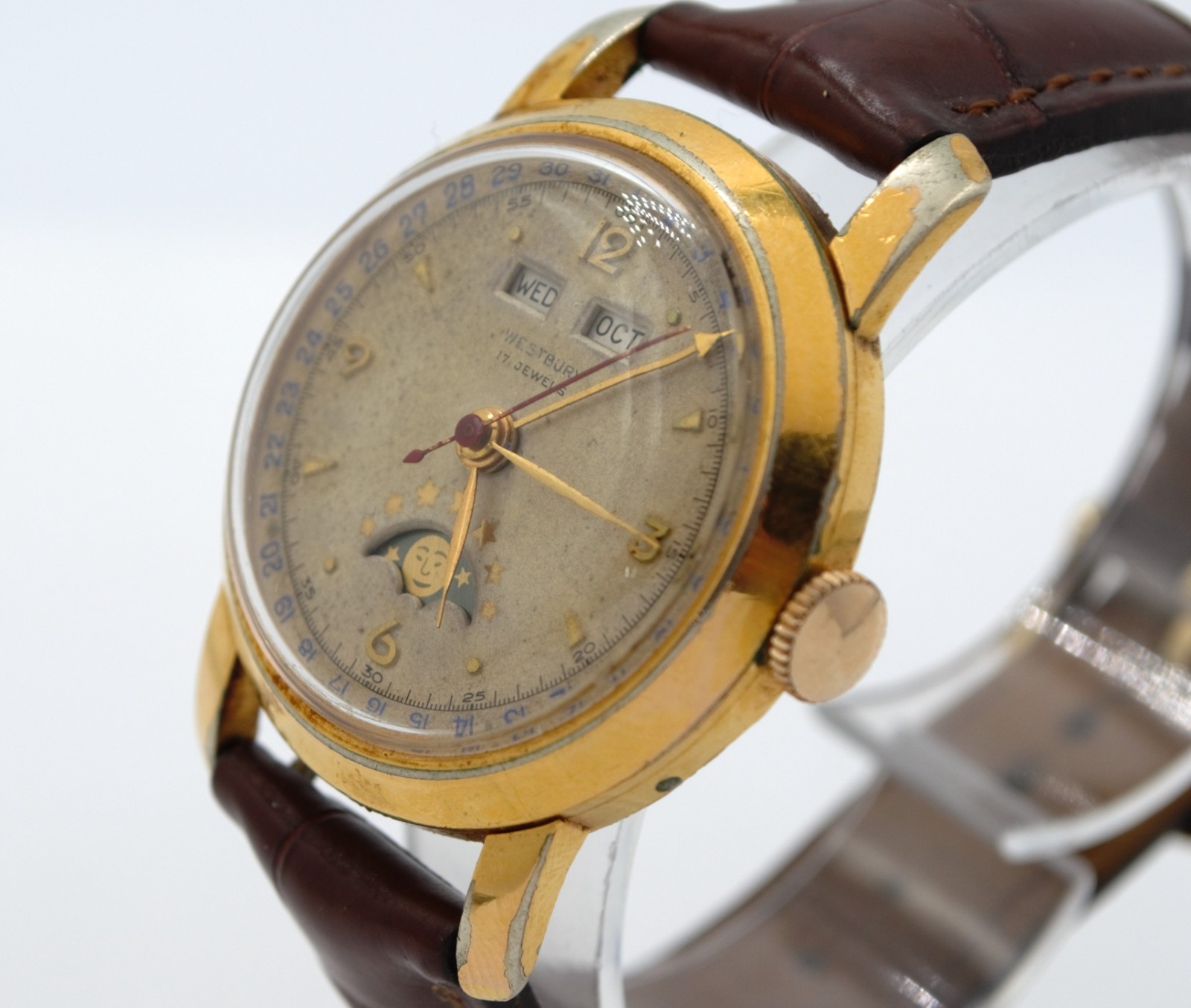 Vintage Westbury Triple Date Calendar Moon phase Manual Watch 34mm Gold Plated