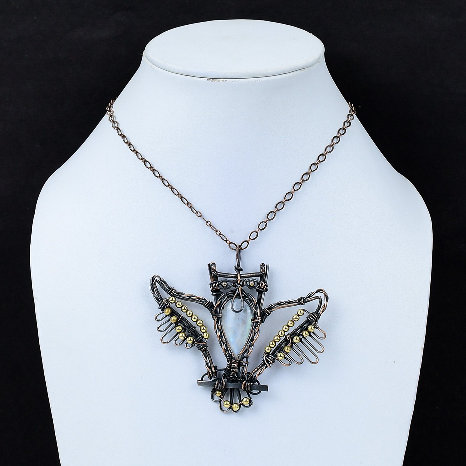Rainbow Moonstone Wire Wrapped Owl Pendant Handcrafted Copper Unique Gift 3.15″