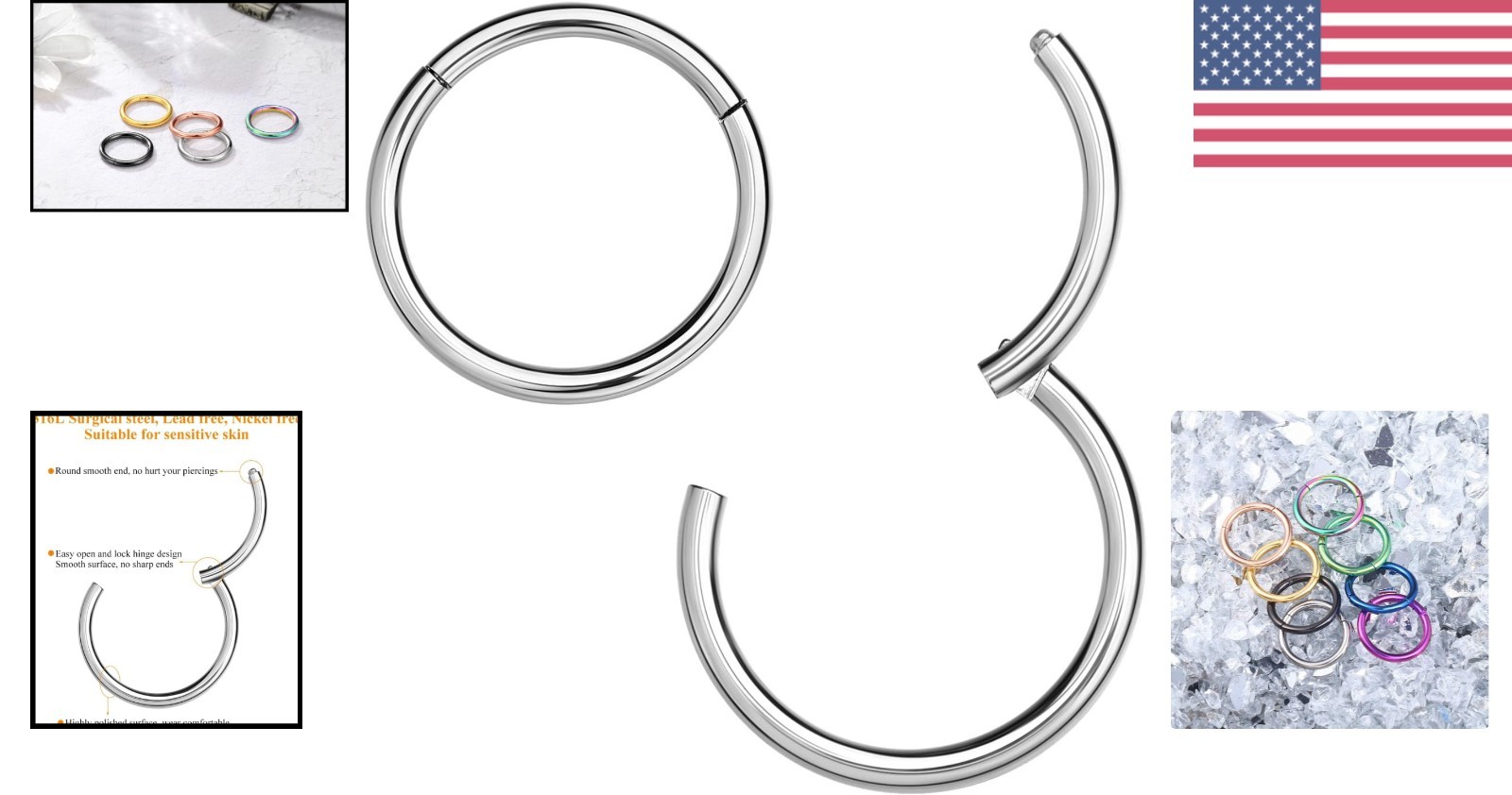 Elegant 316L Surgical Steel Clicker Hoop Nose Ring – 9mm, Multi-Color Options