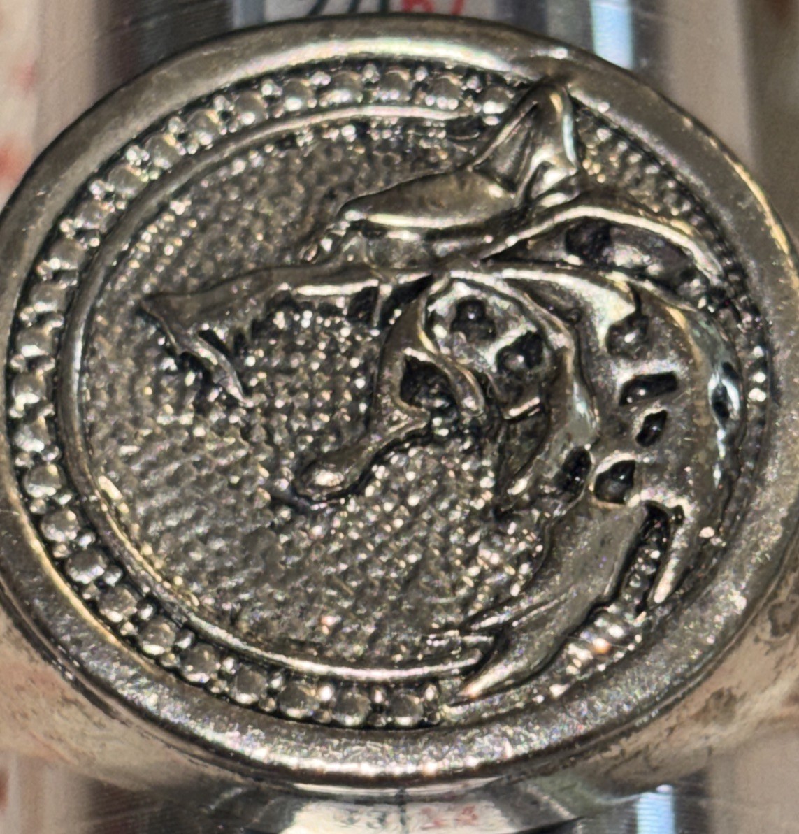 Biker Ring With Wolf Head In Center Silvertone Coloring Size 12 3/4 To 13 ￼