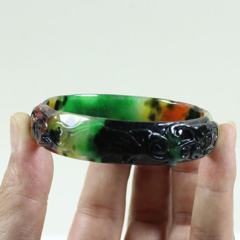 61mm Real Natural Ice Multicolor Burmese Jade jadeite Carving Bracelet Bangle
