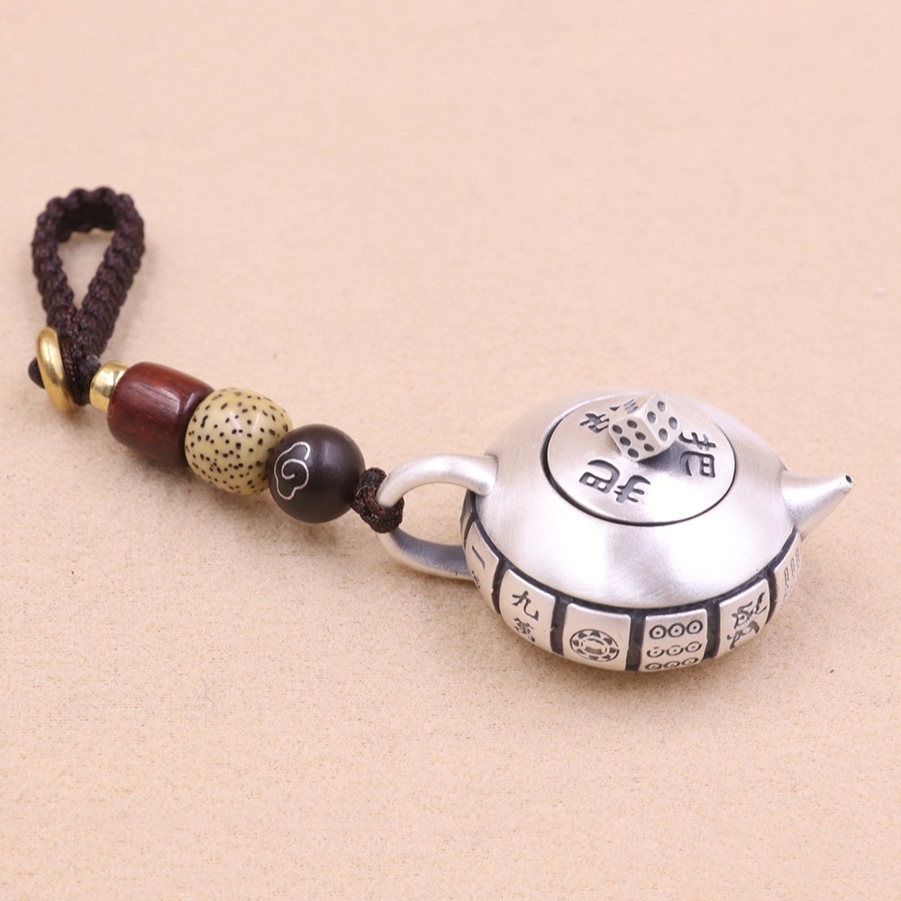 Solid S999 Fine Silver Carved Wealth Mahjong Win Tea Pot Pendant 25-26g 38*28mm