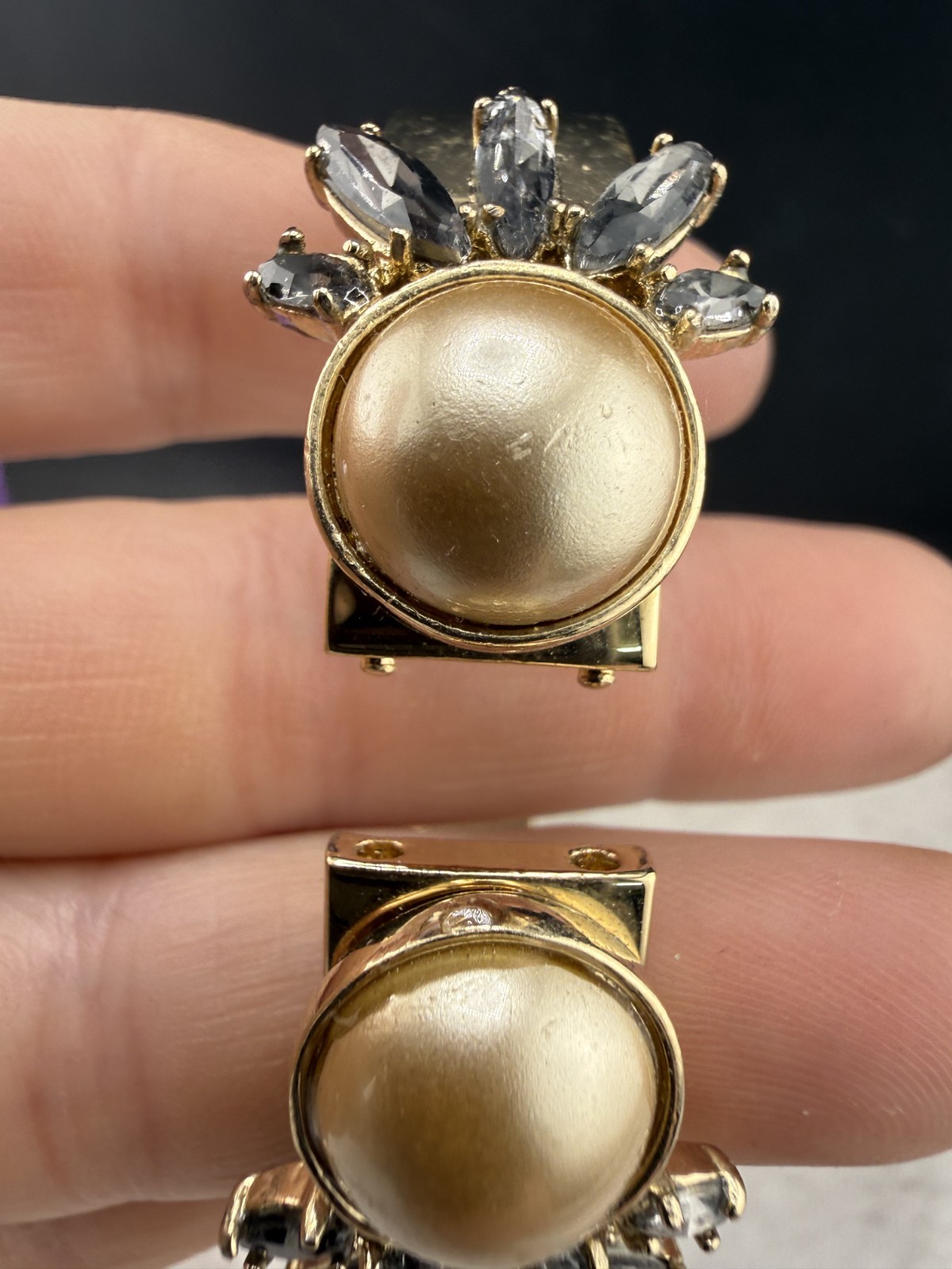 Vintage Ann Taylor Bangle Bracelet Faux Pearl Smokey Rhinestone 6.5″ Signed