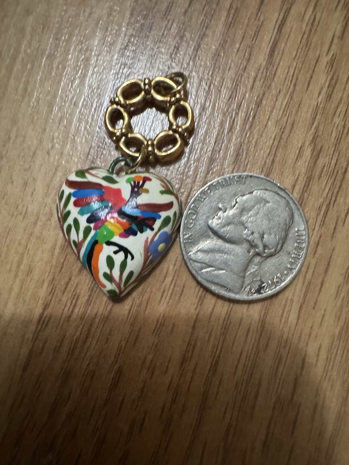 Gold Tone ceramic Heart Charm Pendant Necklace Hand-Painted Bird Mexican Art