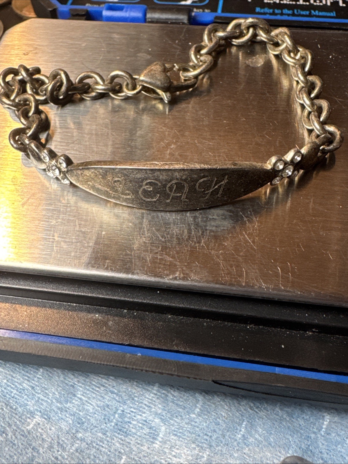 Vintage 925 Sterling Silver Leah Name ID Bar Bracelet Maker Marked J Heart Clasp