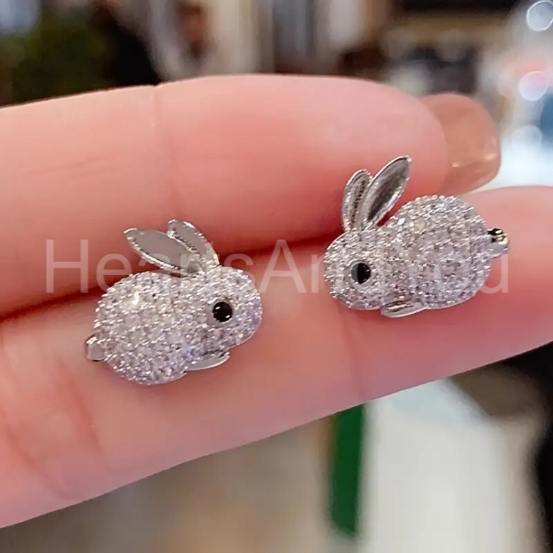 2ct Round Cut Moissanite Rabbit Bunny Women Stud Earrings 14K White Gold Plated