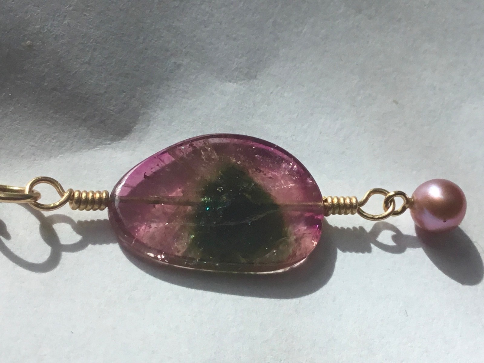 Solid 9ct gold tourmaline slice pendant 9k 375