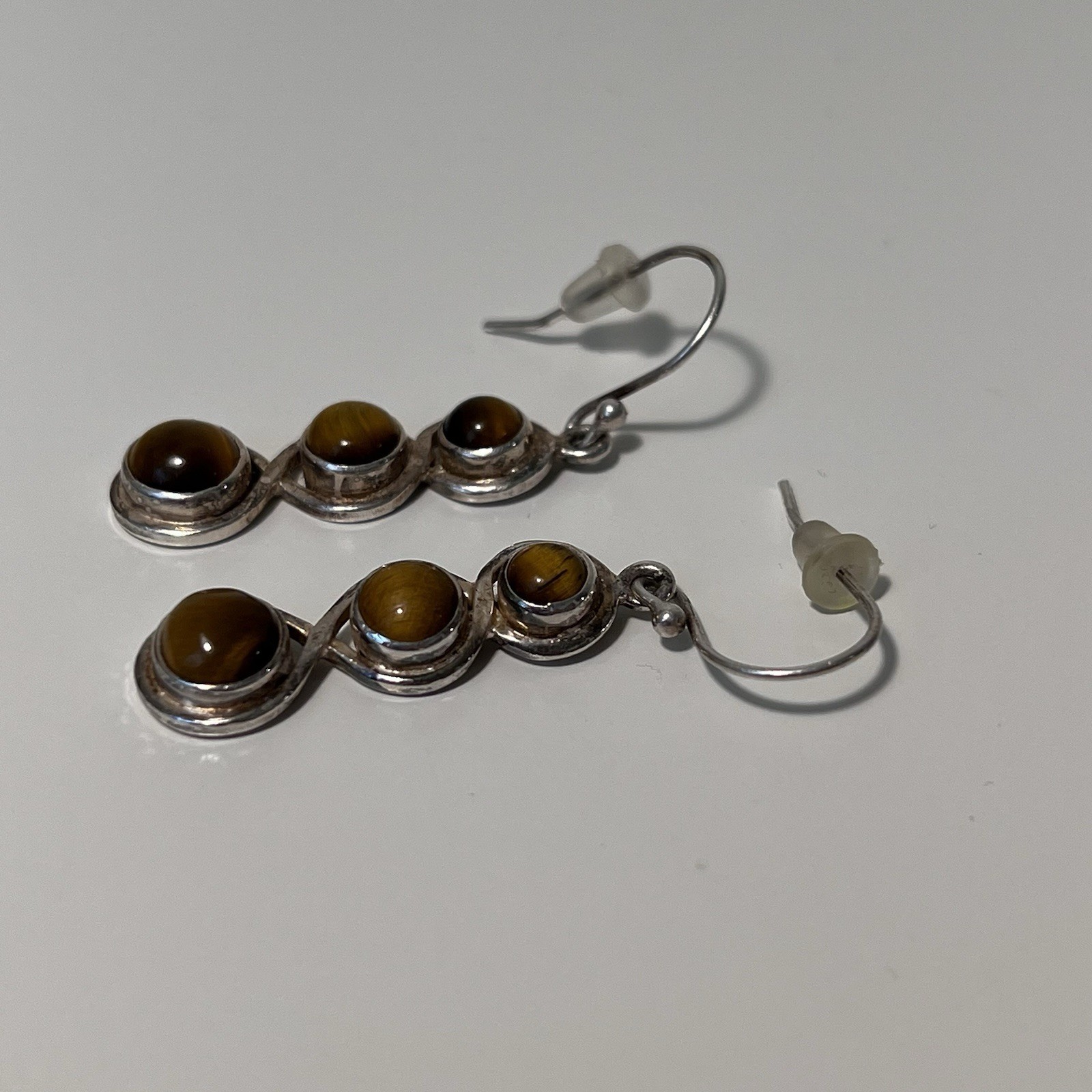 Vintage Sterling Silver TIGER’S EYE 3-Stone Dangle Earrings 1.125”