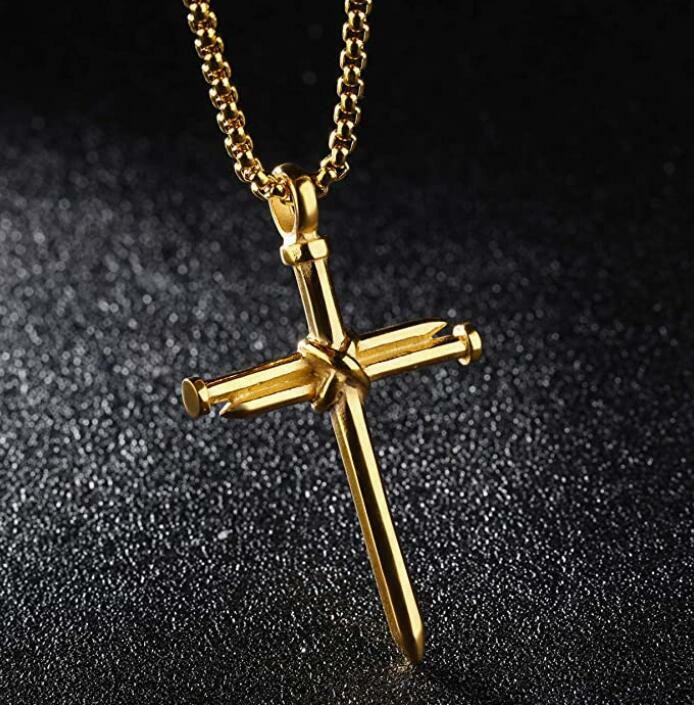 Stainless Steel Nail Cross Pendant Necklace For Men Gift 24 Inch Box Chain Gold