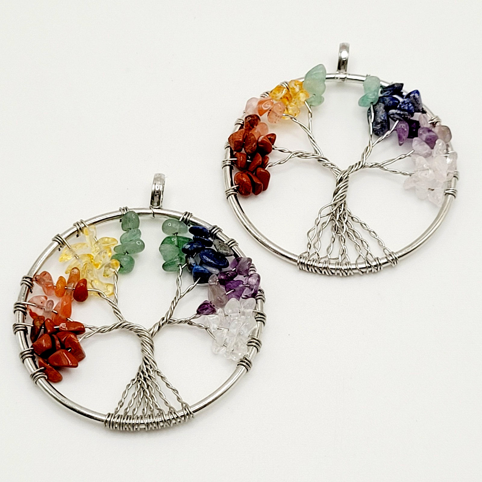 2 Tree of Life Silver Tone Twist Crystal Multi Stone Seven Chakras Round Pendant