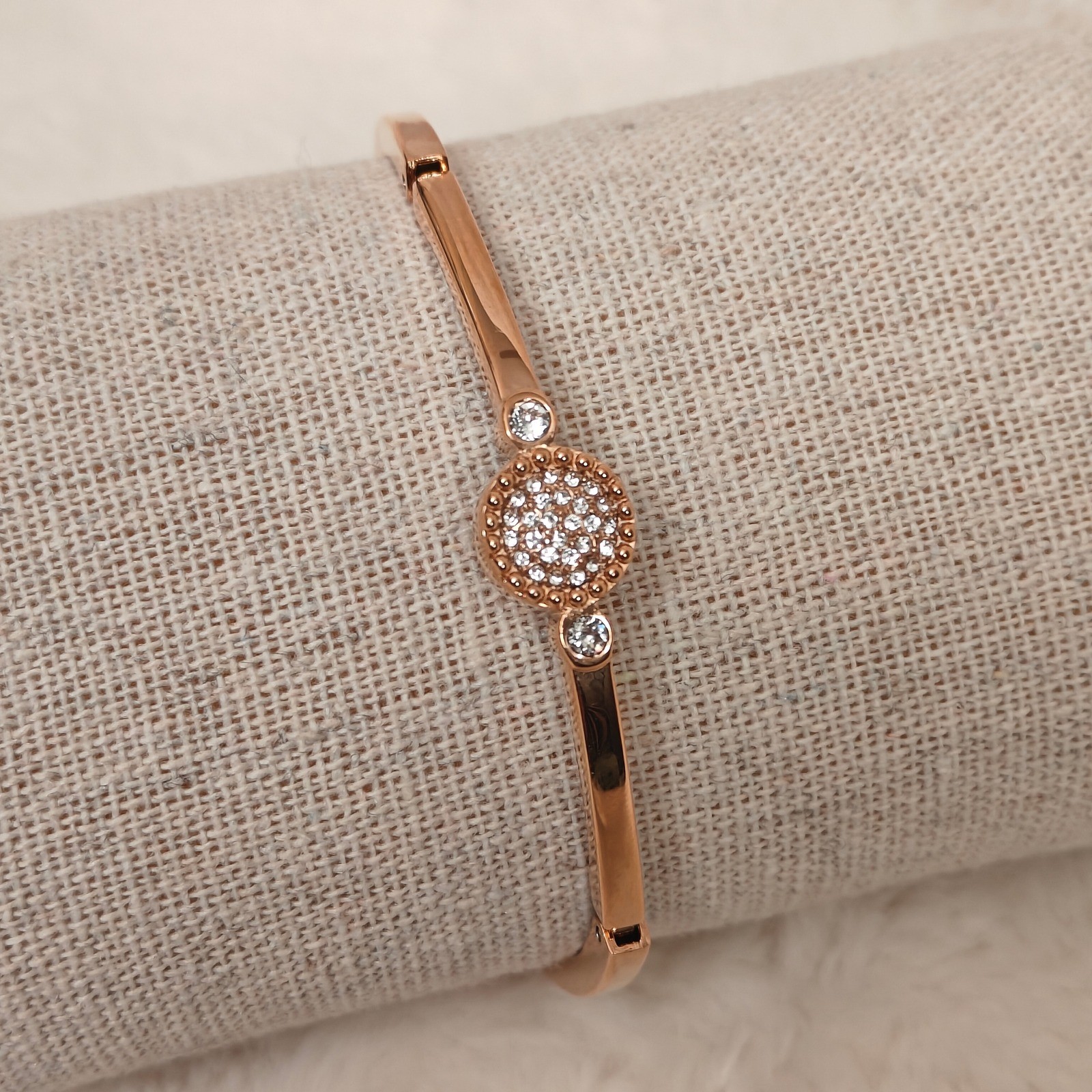 New Anne Klein Bangle Bracelet Rose Gold Tone Hinged Cuff Pave Crystal Accents