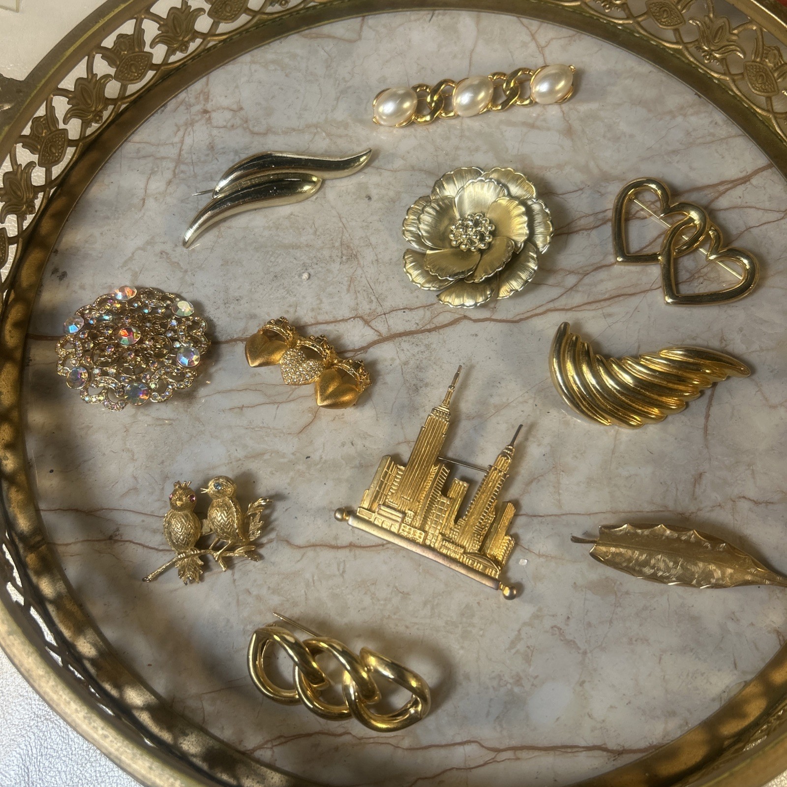Vintage Brooch Lot of 11 GoldTone Rhinestone Pearl Flower Hearts Birds Costume