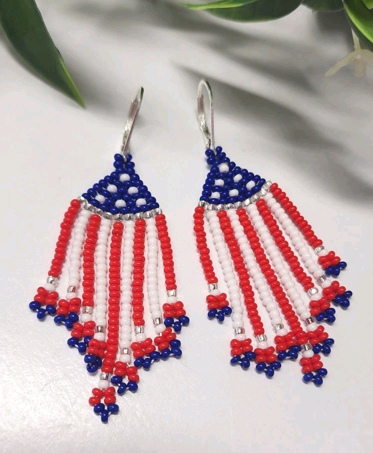 Beaded American Flag Desing Earrings. Handmade. Long 2.8 in.