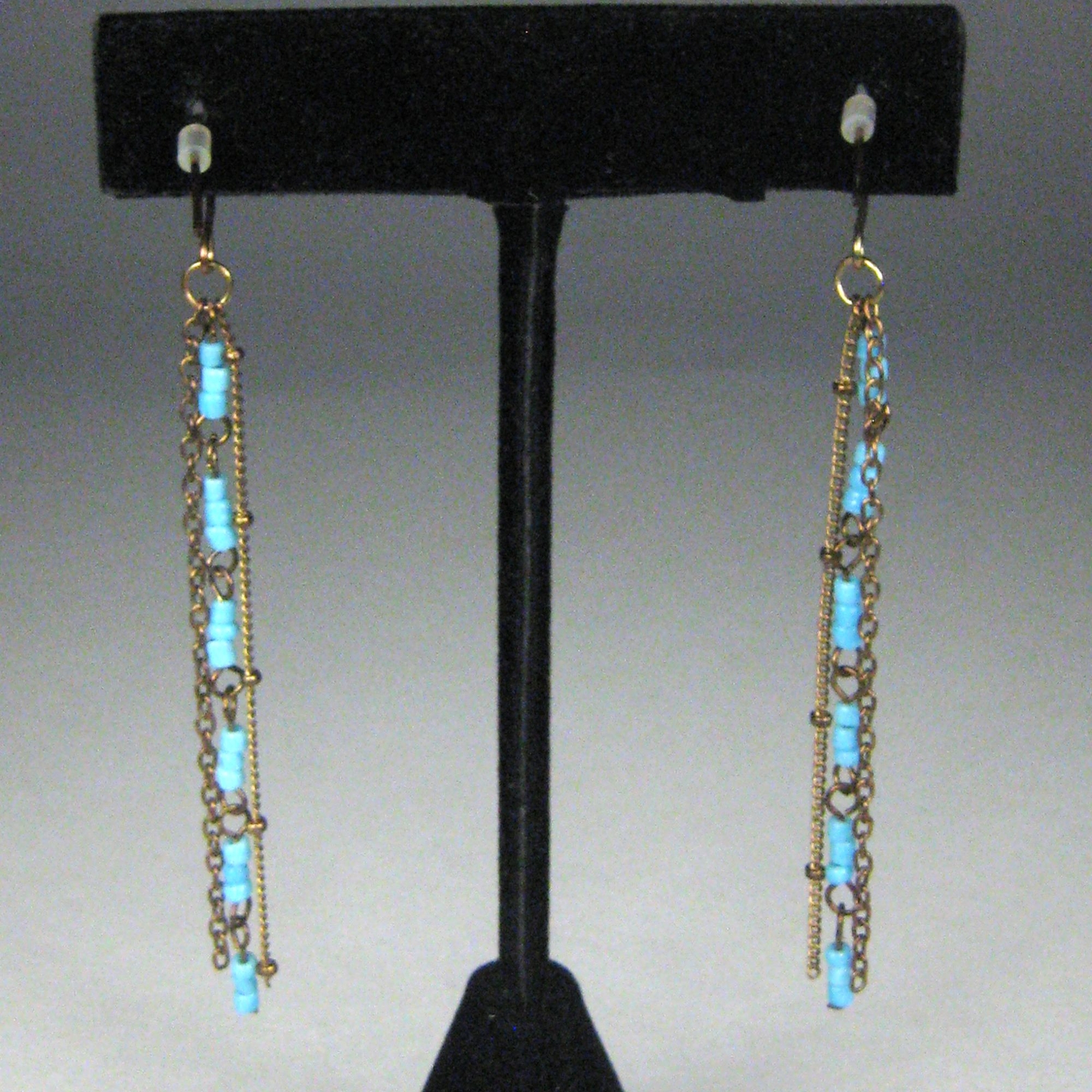 Blue Sead Beaded Dangle Earrings Pierced Copper Color Metal Chain 2.8 in